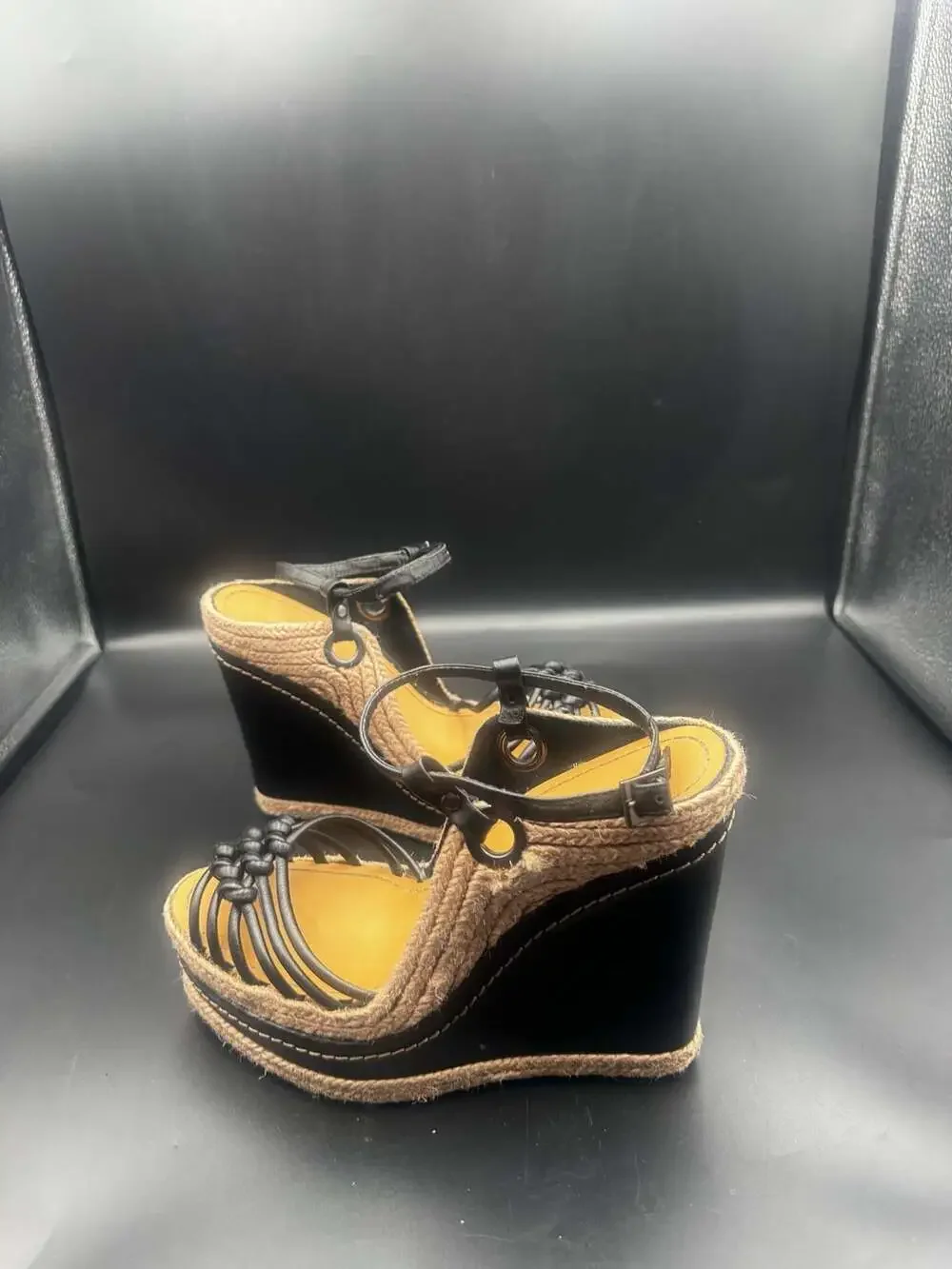 H by Halston Black Leather Woven Espadrille Wedge Sandals